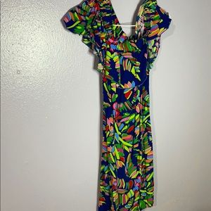 Colorful off the shoulder dress.